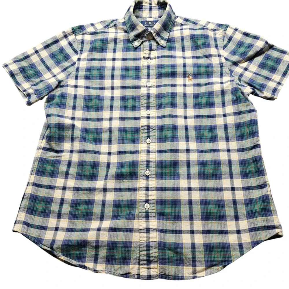 Polo Ralph Lauren Plaid Shirt Mens M Blue Green Yellow Short Sleeve Classic Fit